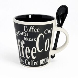 Mr. Coffee Coffee Break Black & White Ceramic Mug w/ Matching Spoon 13 oz